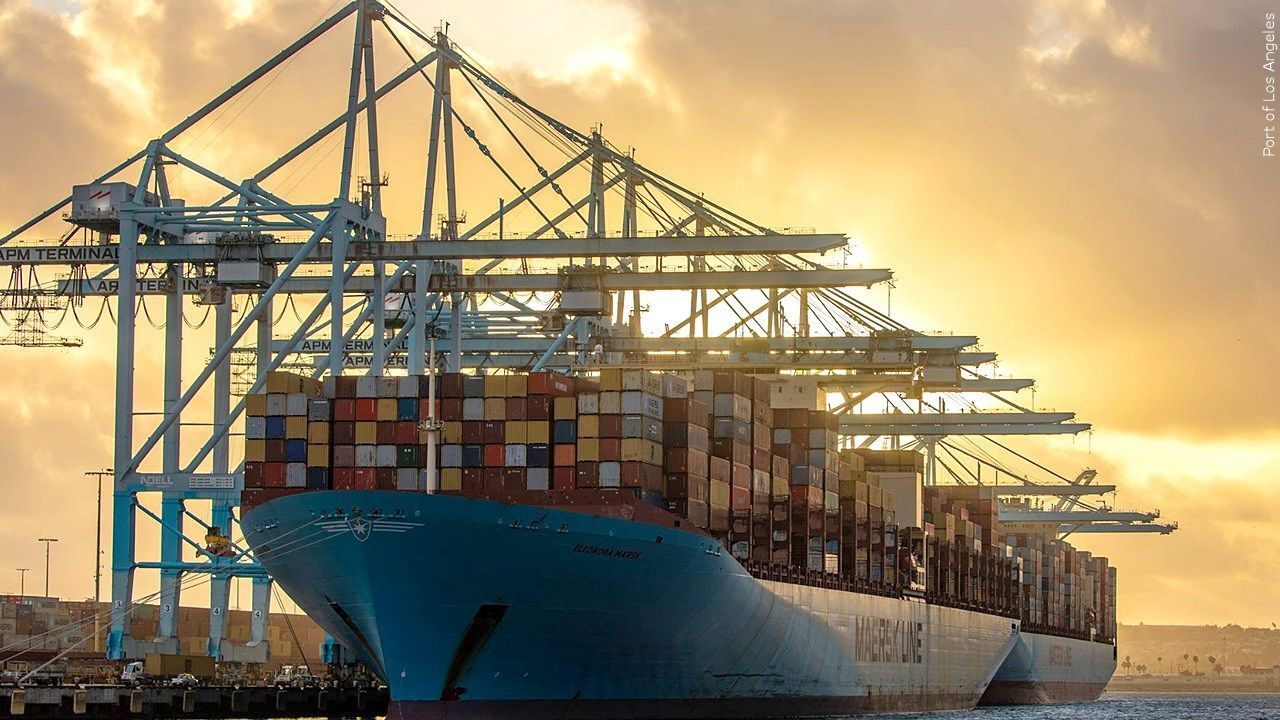 Elenora Maersk ship docks at Port of Los Angeles